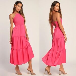 Lulus Pier and Now Hot Pink Smocked Tie Back Midi Dress
